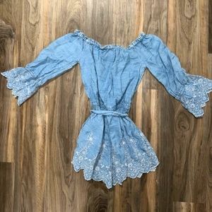 AE Belted Pheasant Off the Shoulder top with Embroidered flowers